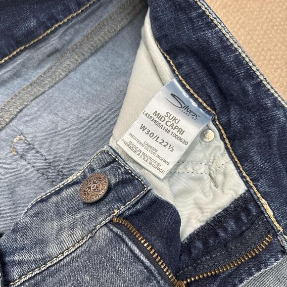 Silver Y2K low rise stretch jeans cropped Suki distressed embellished pockets - Picture 5 of 7